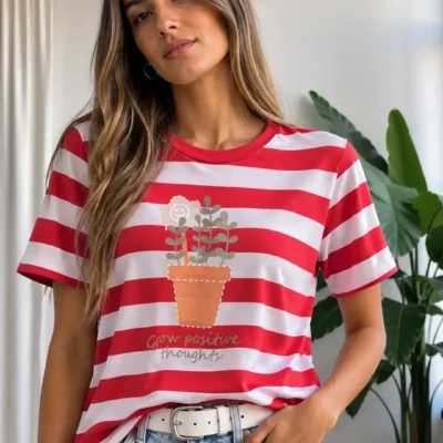 remera rayada roja positive thoughts mujer